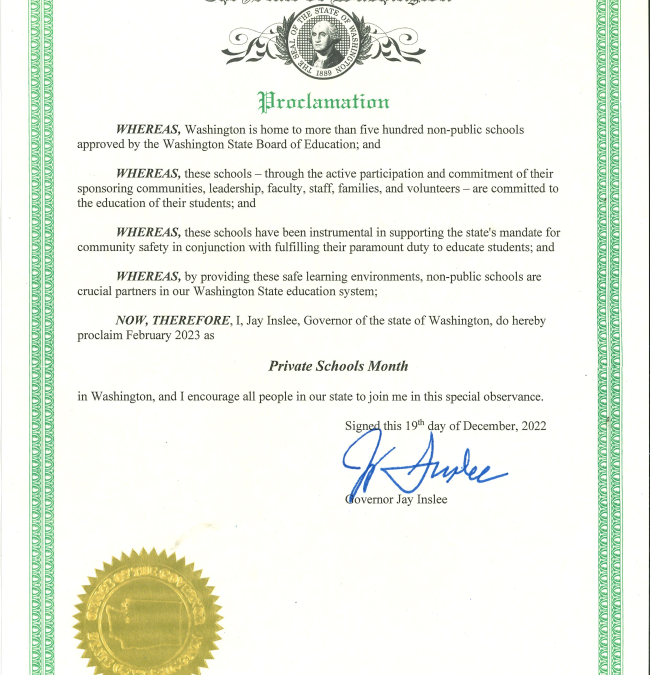 Gov Inslee recognizes Feb 2023 as Private Schools Month